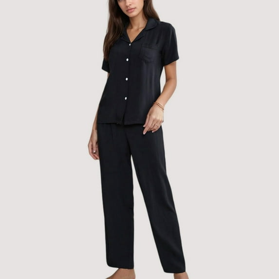 Women's 3-Piece Pajama Set with Bralette Top, Button Down Shirt, and Wide Leg Pants - Large, Black
