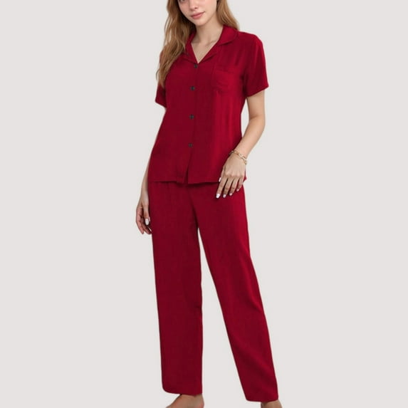 Women's 3-Piece Pajama Set with Bralette Top, Button Down Shirt, and Wide Leg Pants - Medium, Burgundy
