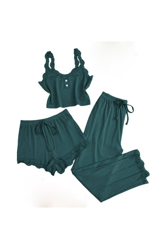 Women's 3 Piece Pajama Sets Floral Lace Cami Crop Top and Ruffle Shorts & Pants Pj Sets Loungewear