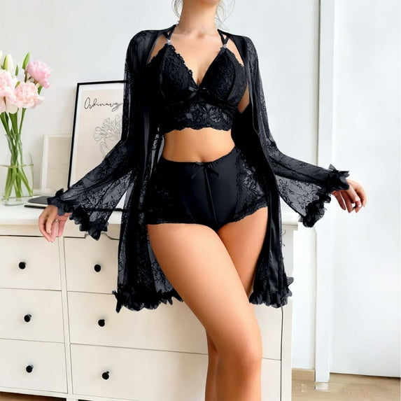 Women's 3 Piece Pajamas Set Lace Bra Panty with Robes Lightweight Sleepwear Nightwear Black L