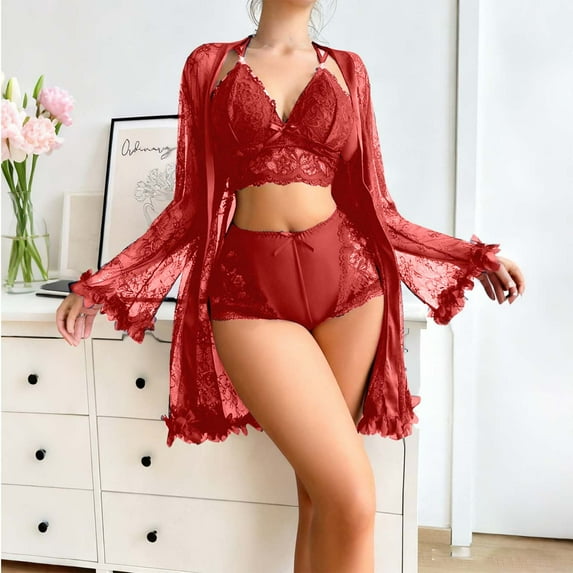 Women's 3 Piece Pajamas Set Lace Bra Panty with Robes Lightweight Sleepwear Nightwear Red M