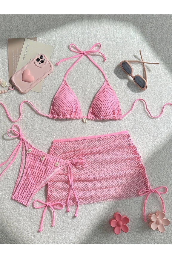 Women's 3 Piece Pink Mesh Bikini Set with Shell Detail Triangle Top and Tie Side Bottoms