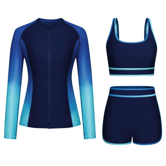 ZQUUVOU Women's 3 Piece Rash Guard Long Sleeve Swimsuits Zip Up Built In Bra Swim Shirts With Boyshorts Quick Dry D-Blue