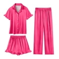 thumbnail image 1 of Women's 3 Piece Satin Pajama Sets Ruffle Short Sleeve Shirt with Matching Shorts and Long Pants, 1 of 8