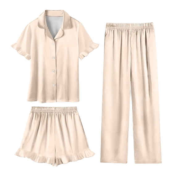 Women's 3 Piece Satin Pajama Sets Ruffle Short Sleeve Shirt with Matching Shorts and Long Pants