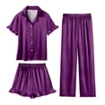 thumbnail image 1 of Women's 3 Piece Satin Pajama Sets Ruffle Short Sleeve Shirt with Matching Shorts and Long Pants, 1 of 8