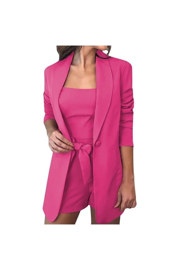 Women 's 3 Piece Solid Business Blazer Pant Suit Set for Work Office Outfits Women Sets Solid Three-piece Women's Suit With Vest + Suit Jacket + Shorts Hot Pink XXXL