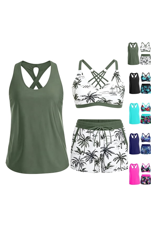 Women's 3 Piece Swim Workout Sets Cross Straps Front Bikini Top Open Back Tank Tunic Elastic Drawstring Swim Trunks Pool Casual Suits Army Green S
