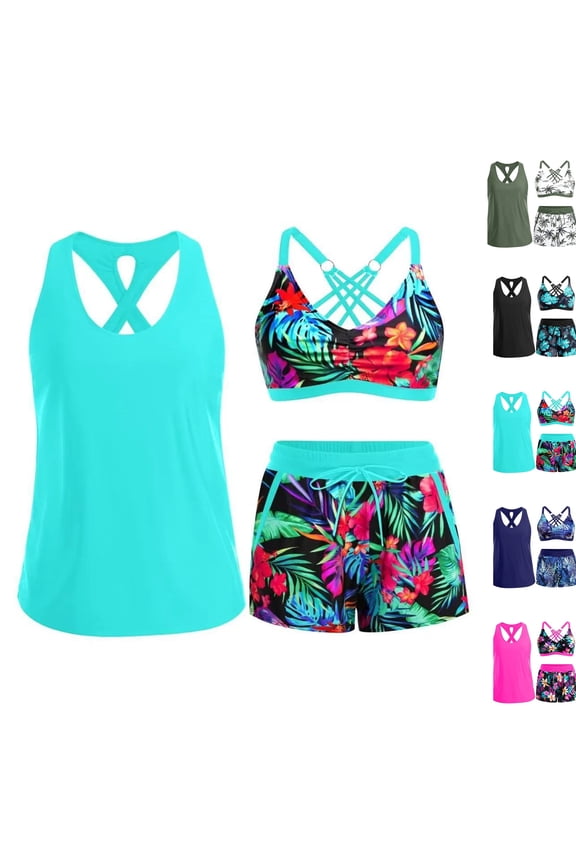Women's 3 Piece Swim Workout Sets Cross Straps Front Bikini Top Open Back Tank Tunic Elastic Drawstring Swim Trunks Pool Casual Suits Blue XXL