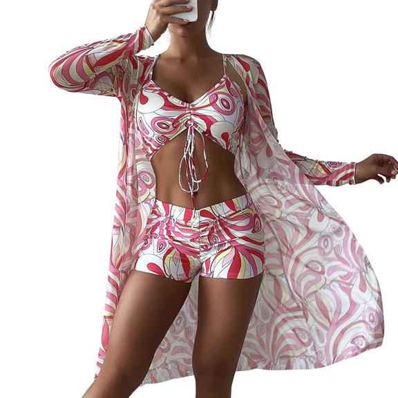 Women's 3 Piece Swimsuit Floral Print Bikini Set with Kimono Cover Up