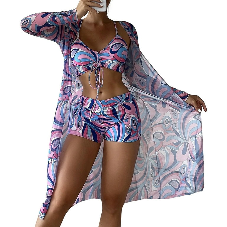 Women's Piece Swimsuit Floral Print Bikini Set with Kimono Cover