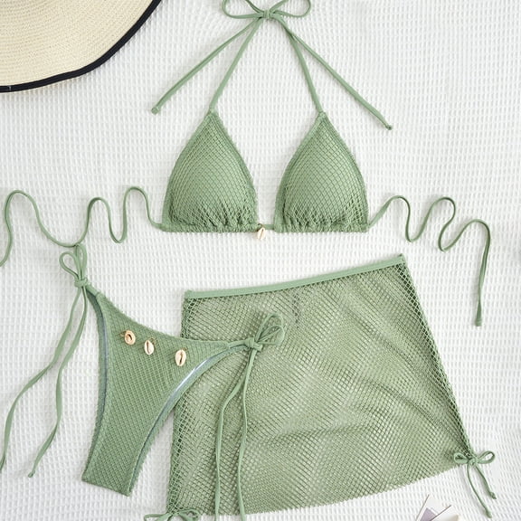 Women's 3 Piece Swimsuit Halter String Bottoms Bikini Set Side Tie Bathing Suit With Cover Up Beach Skirt (XL, Mint Green)