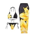 thumbnail image 1 of Women's 3 Piece Swimsuit Spaghetti Strap V Neck Halter Side Drawstring Thongs With Beach Skirts Print Swimwear (L, Yellow), 1 of 5