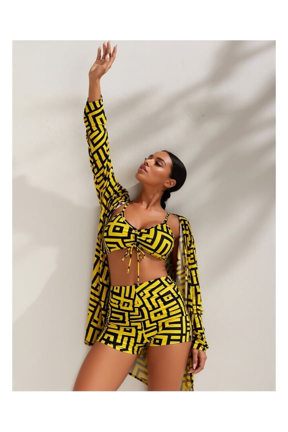 Women's 3 Piece Swimsuit Yellow - Sexy Bikini Set with Triangle Top & Kimono Cover Up; Tropical Beach Bathing Suit for Women; Summer Swimwear