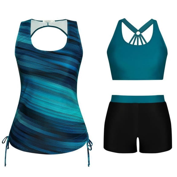 Women's 3 Piece Tankini Swimsuit, Gradient Striped Tummy Control Tank Top with Built-in Racerback Sports Bra and High Waisted Boyshorts, Modest Bathing Suit for Swimming Beach,L
