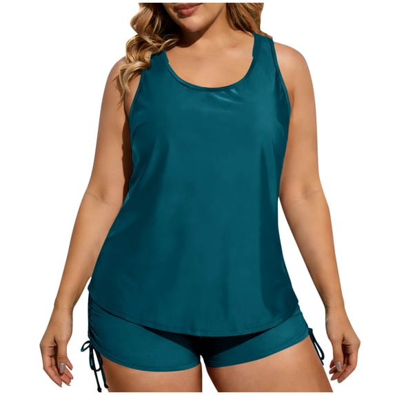 Women's 3 Piece Tankini Swimsuit Set, Solid Tank Top with Back Cutout, Bikini Top with Built-in Bra, and Drawstring Swim Shorts, Modest Bathing Suit