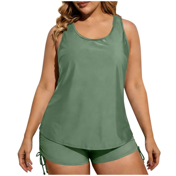 Women's 3 Piece Tankini Swimsuit Set, Solid Tank Top with Back Cutout, Bikini Top with Built-in Bra, and Drawstring Swim Shorts, Modest Bathing Suit