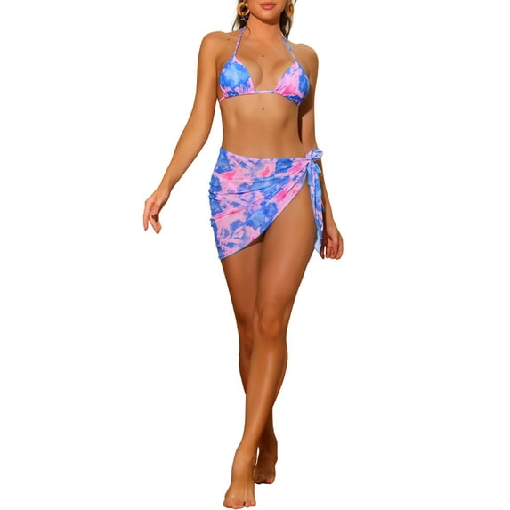 INSPIRE CHIC Women's 3 Piece Tie Dye Bikini Sets Halter Tie Triangle Swimsuits with Sarong Cover Ups Beach Skirt Bathing Suit Medium Pink Blue
