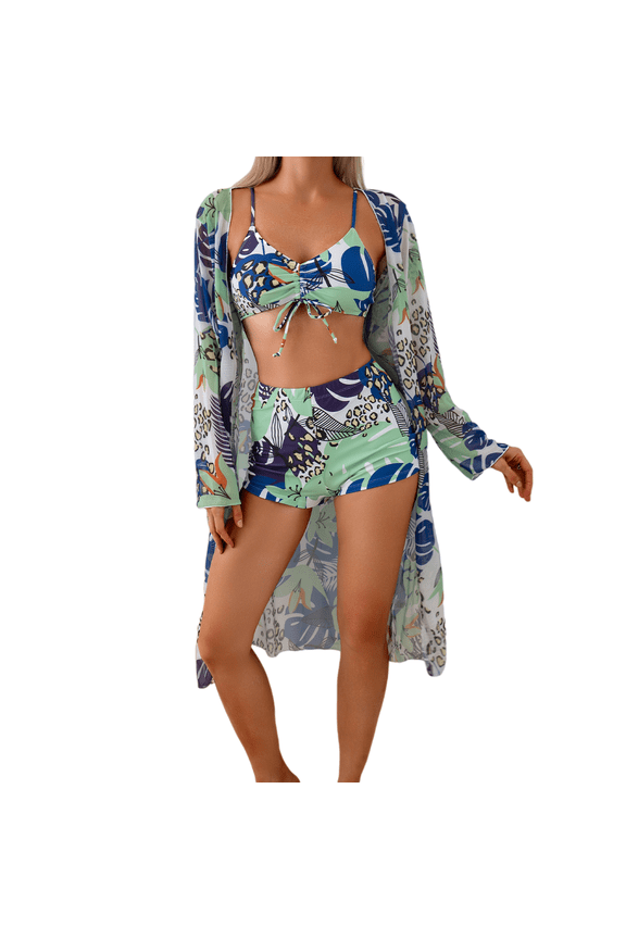 Women’s 3 Piece Tropical Leaf Leopard Print Bikini Swim Set, Front Drawstring Ruched V Neck Spaghetti Strap Crop Top, High Waist Swim Shorts & Long Sleeve Sheer Mesh Kimono Cover Up, Modest Matching