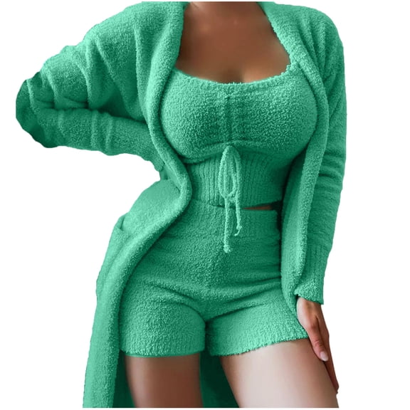 Women's 3-Piece Winter Plush Outfit - Hooded Cardigan, Crop Top & Shorts, Cozy Loungewear Set