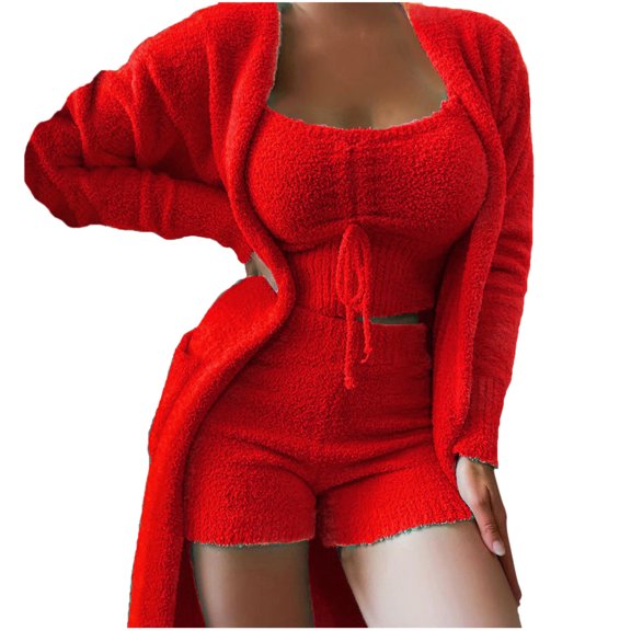 Women's 3-Piece Winter Plush Outfit - Hooded Cardigan, Crop Top & Shorts, Cozy Loungewear Set