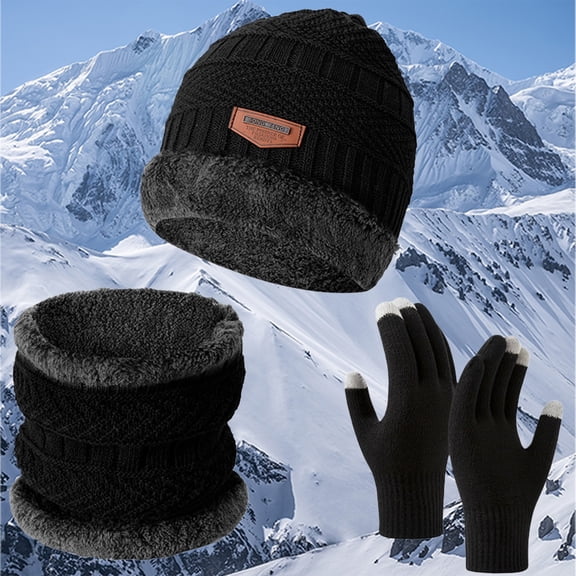Women's 3-Piece Winter Set, Fleece Lined Beanie Hat with Scarf and Touchscreen Gloves, Thermal Winter Accessories Set, Windproof Cold Weather Neck Warmer and Hat Set for Outdoor Activities - N