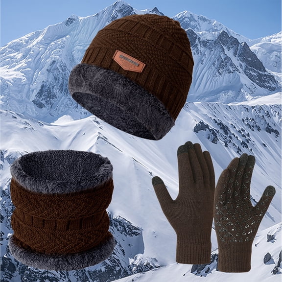 Women's 3-Piece Winter Set, Fleece Lined Beanie Hat with Scarf and Touchscreen Gloves, Thermal Winter Accessories Set, Windproof Cold Weather Neck Warmer and Hat Set for Outdoor Activities - D