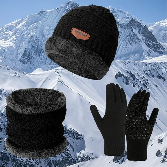 Women's 3-Piece Winter Set, Fleece Lined Beanie Hat with Scarf and Touchscreen Gloves, Thermal Winter Accessories Set, Windproof Cold Weather Neck Warmer and Hat Set for Outdoor Activities - A