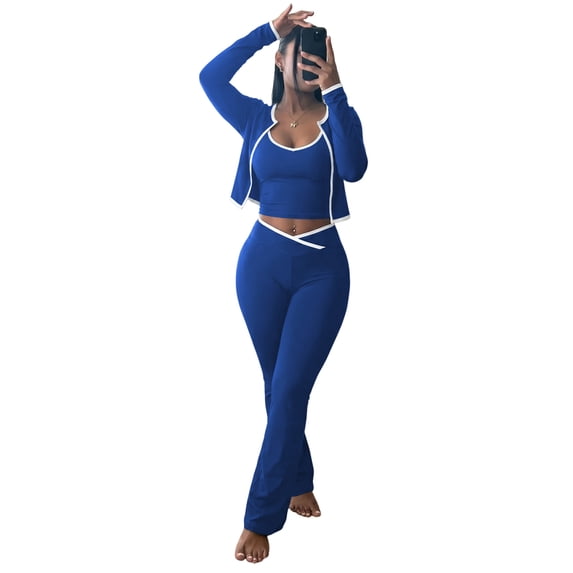 Women's 3 Piece Workout Outfit Cropped Jacket Tank Top Flare Pants Soft Stretch Tummy Control High Waist Athletic Loungewear Set for Gym Daily Streetwear Blue XL