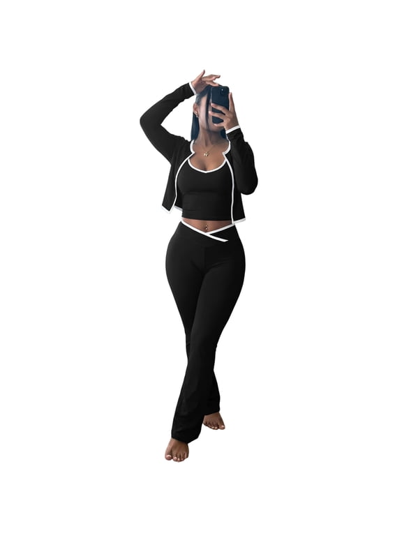 Women's 3 Piece Workout Outfit Cropped Jacket Tank Top Flare Pants Soft Stretch Tummy Control High Waist Athletic Loungewear Set for Gym Daily Streetwear Black 2XL