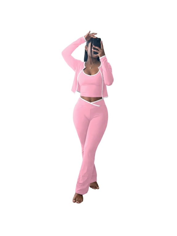 Women's 3 Piece Workout Outfit Cropped Jacket Tank Top Flare Pants Soft Stretch Tummy Control High Waist Athletic Loungewear Set for Gym Daily Streetwear Pink S