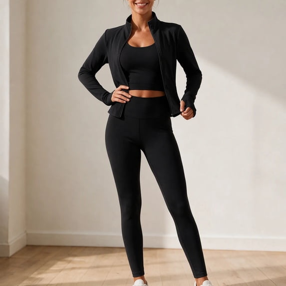 Women’s 3 Piece Workout Set – Sports Bra, Leggings & Jacket – Yoga Outfit Activewear for Gym Running Training L