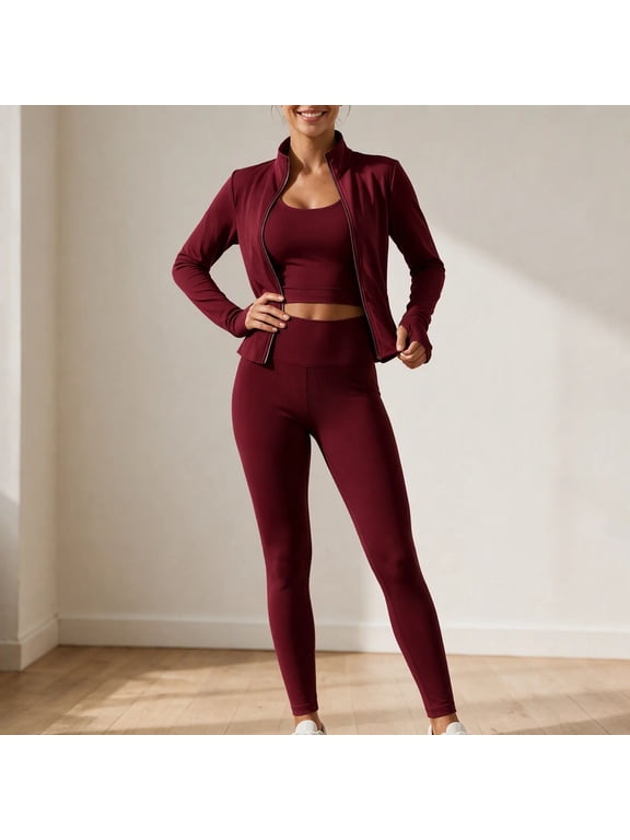 Women’s 3 Piece Workout Set – Sports Bra, Leggings & Jacket – Yoga Outfit Activewear for Gym Running Training L
