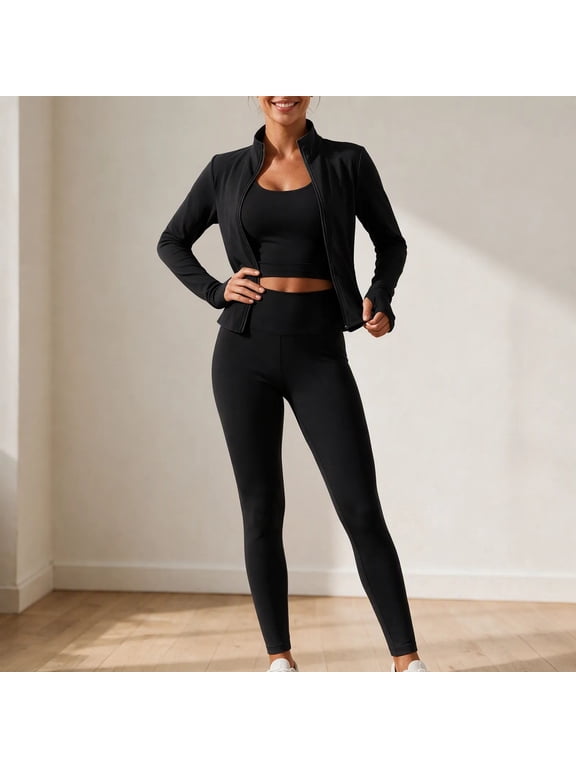 Women’s 3 Piece Workout Set – Sports Bra, Leggings & Jacket – Yoga Outfit Activewear for Gym Running Training M