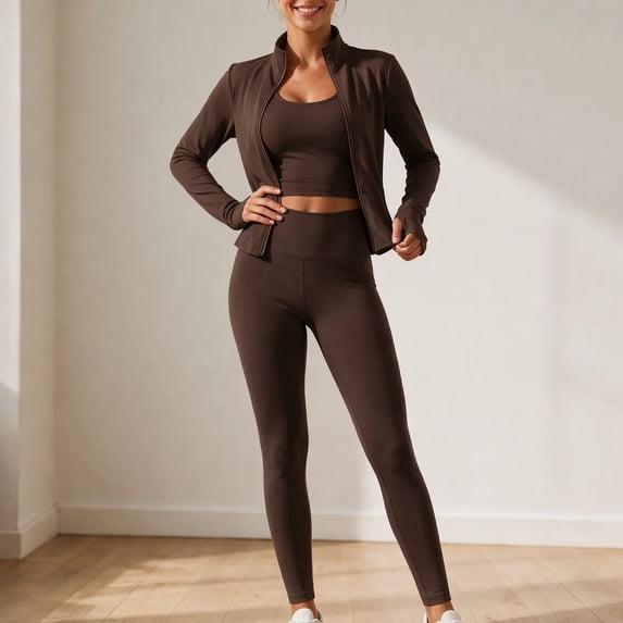 Women’s 3 Piece Workout Set – Sports Bra, Leggings & Jacket – Yoga Outfit Activewear for Gym Running Training S