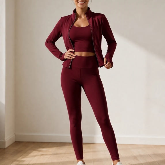 Women’s 3 Piece Workout Set – Sports Bra, Leggings & Jacket – Yoga Outfit Activewear for Gym Running Training S