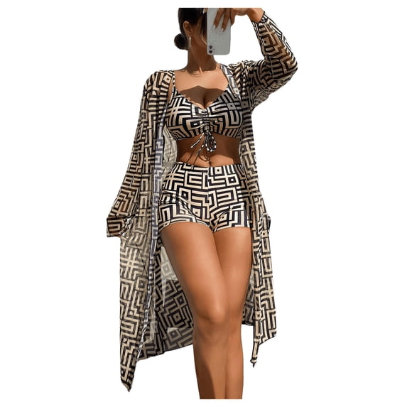 Women's 3 Pieces Bikini Set Geo Print Bathing Suit Drawstring Swimsuit with Cover Ups Kimono Multicolor Medium