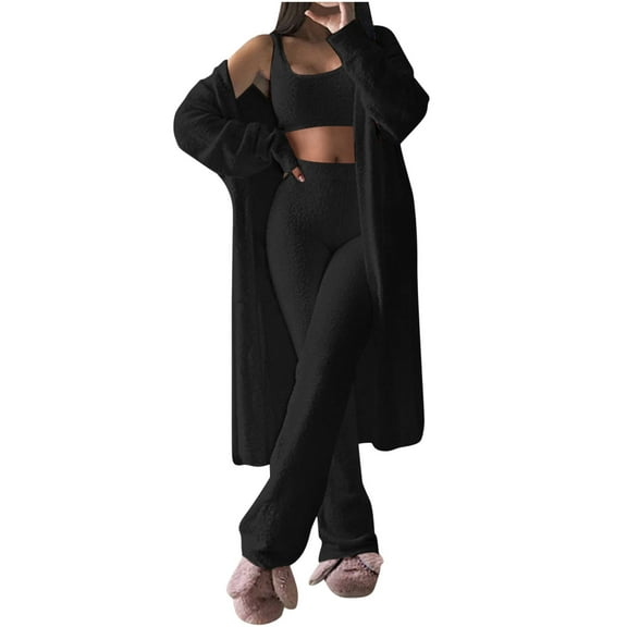 Women's 3 Pieces Fluffy Pajamas Fleece Crop Top Long Plush Cardigan Soft Pants Fuzzy Winter Lounge Set Pjs Sleepwear
