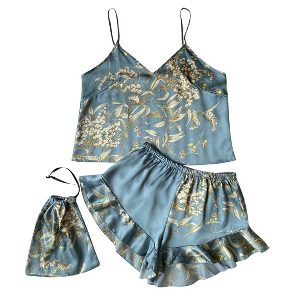 Women's 3 Pieces Satin Sleepwear Cami Top and Ruffle Shorts Pajama Set