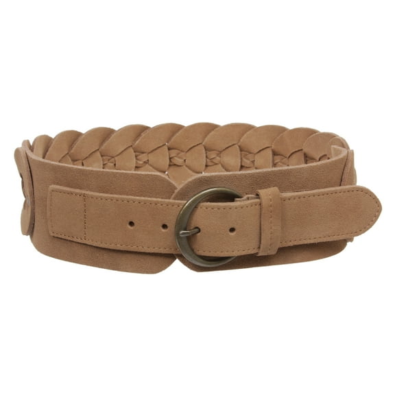 Women's 3" Wide Cow Suede Round Disc Braided Waist Belt with Round Buckle