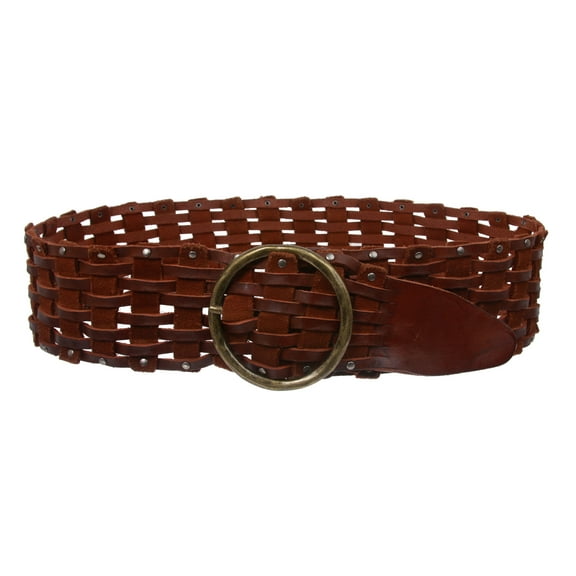 Women's 3" Wide Perforated Waist Braided Woven Solid Vintage Leather Round Belt