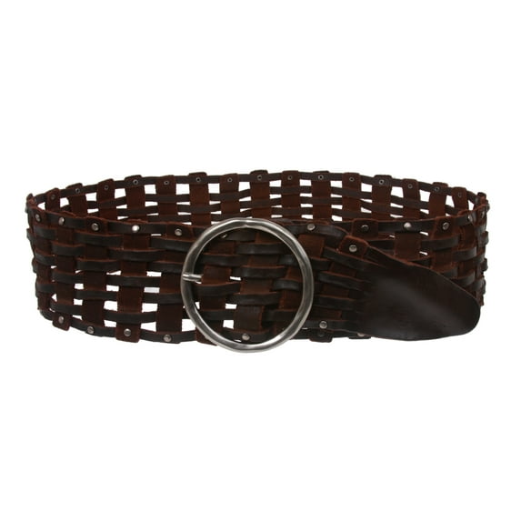 Women's 3" Wide Perforated Waist Braided Woven Solid Vintage Leather Round Belt