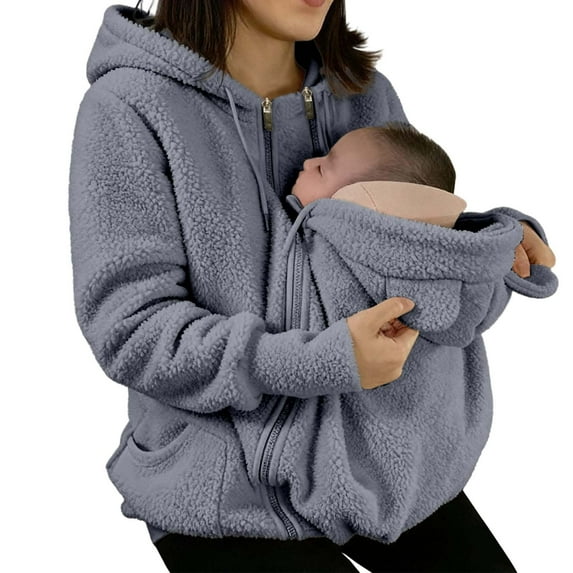 Women's 3-in-1 Babywearing Maternity Fleece Coat - Hooded Thicken Winter Outerwear with Detachable Kangaroo Pocket, Warm Mommy & Me Sherpa Jacket
