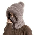 thumbnail image 1 of Women's 3-in-1 Beanie Balaclava, Fleece Lined Pom Pom Hat with Neck Warmer and Face Mask, Cycling Winter Hat with Faux Fur Brim for Cold Weather Ski - Khaki, 1 of 7