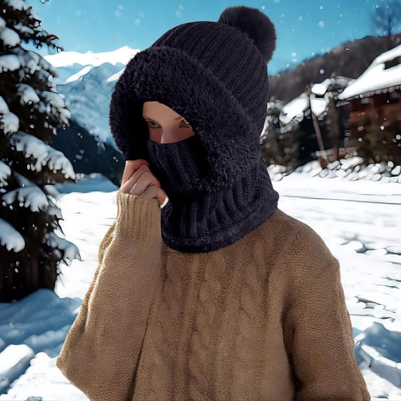 Women's 3-in-1 Beanie Balaclava, Fleece Lined Pom Pom Hat with Neck Warmer and Face Mask, Cycling Winter Hat with Faux Fur Brim for Cold Weather Ski - Navy