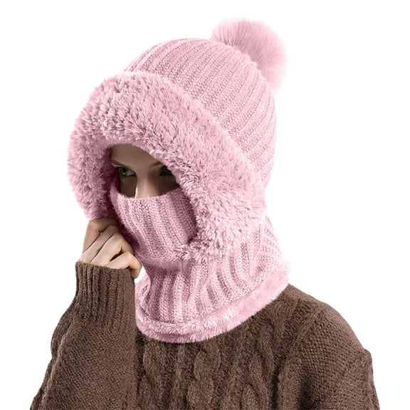 Women's 3-in-1 Beanie Balaclava, Fleece Lined Pom Pom Hat with Neck Warmer and Face Mask, Cycling Winter Hat with Faux Fur Brim for Cold Weather Ski - Pink