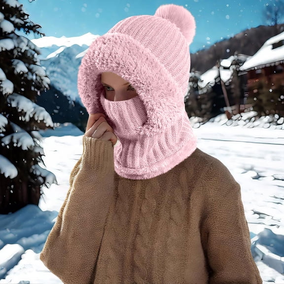 Women's 3-in-1 Beanie Balaclava, Fleece Lined Pom Pom Hat with Neck Warmer and Face Mask, Cycling Winter Hat with Faux Fur Brim for Cold Weather Ski - Pink