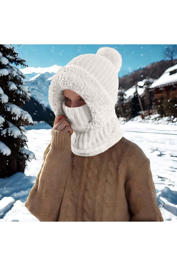 Women's 3-in-1 Beanie Balaclava, Fleece Lined Pom Pom Hat with Neck Warmer and Face Mask, Cycling Winter Hat with Faux Fur Brim for Cold Weather Ski - Silver