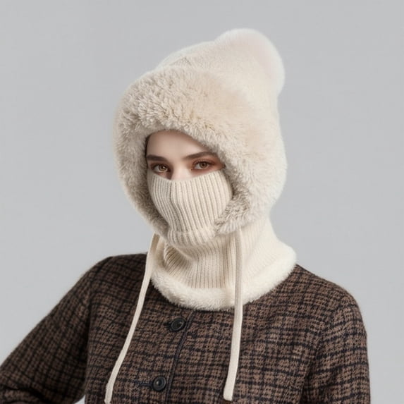 Women's 3-in-1 Beanie Hat with Scarf & Mask, Fleece-Lined Winter Ear Muff Beanie for Cold Weather Beige One Size