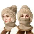 thumbnail image 1 of Women's 3-in-1 Integrated Hood Scarf, Full Face Cover Balaclava Style, Winter Fleece Lined Face Mask with Pom Pom, Windproof Cold Weather Beanie, Adjustable Neck Gaiter - Khaki, 1 of 7